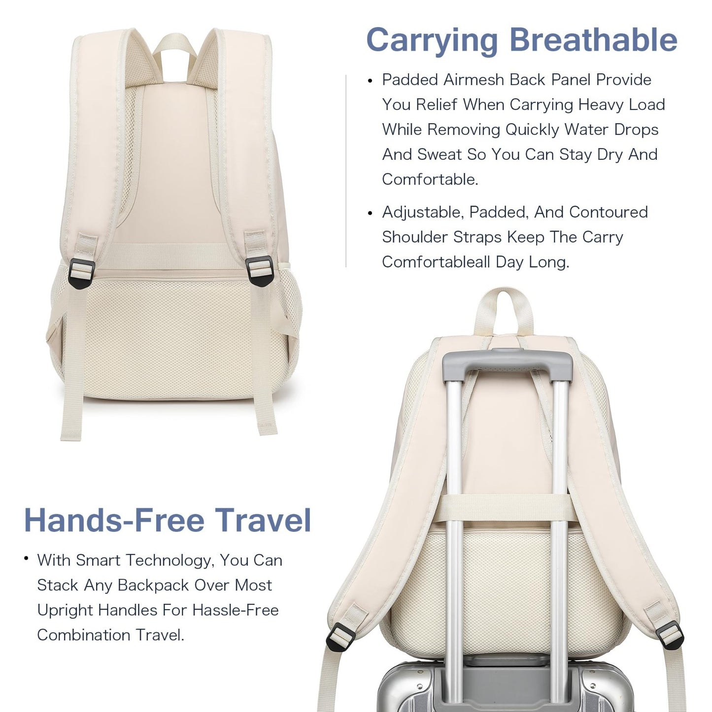 Stylish 15.6" Laptop Backpack for Women, USB Port, Waterproof, Anti Theft, Cream3