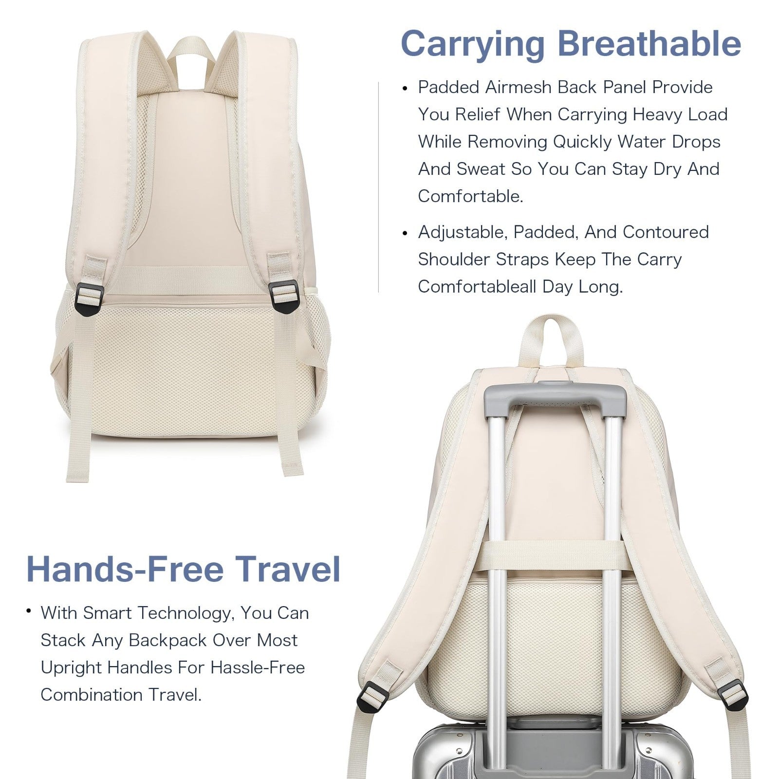 Stylish 15.6" Laptop Backpack for Women, USB Port, Waterproof, Anti Theft, Cream3