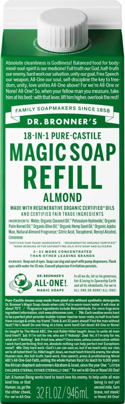 Pure-Castile Liquid Soap Refill - 18-in-1 Uses, Vegan Bath Soap, Almond, 32oz1