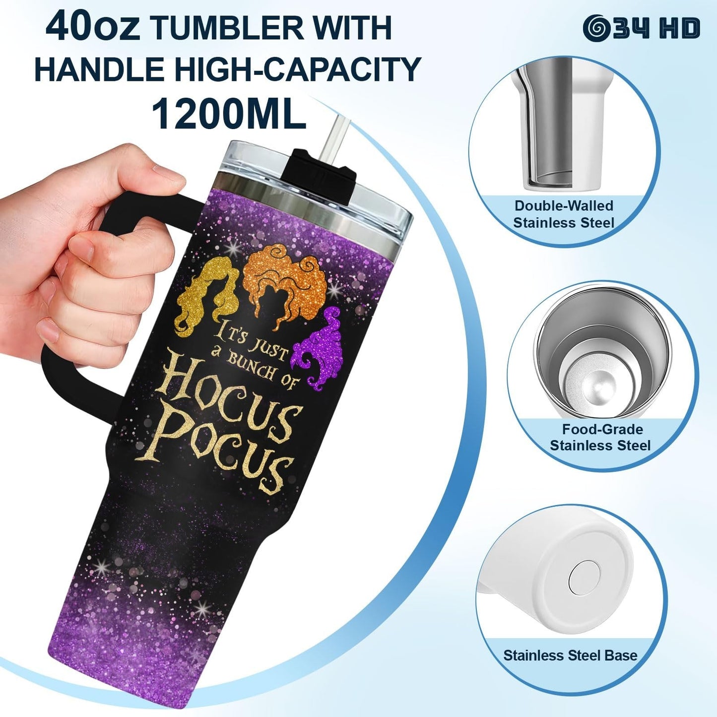 34oz Glitter Tumbler with Handle & Straw   Insulated Travel Mug for Coffee, Funn8
