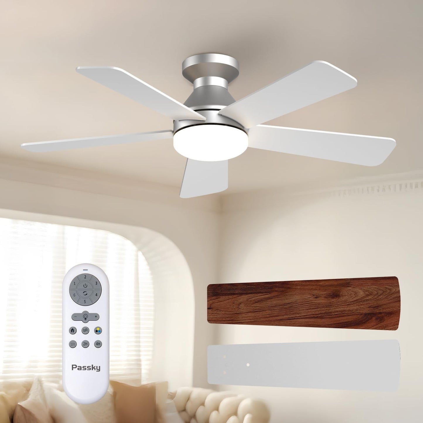 42" Silver Low Profile Ceiling Fan with Lights & Remote | Dimmable, Quiet DC Mot1