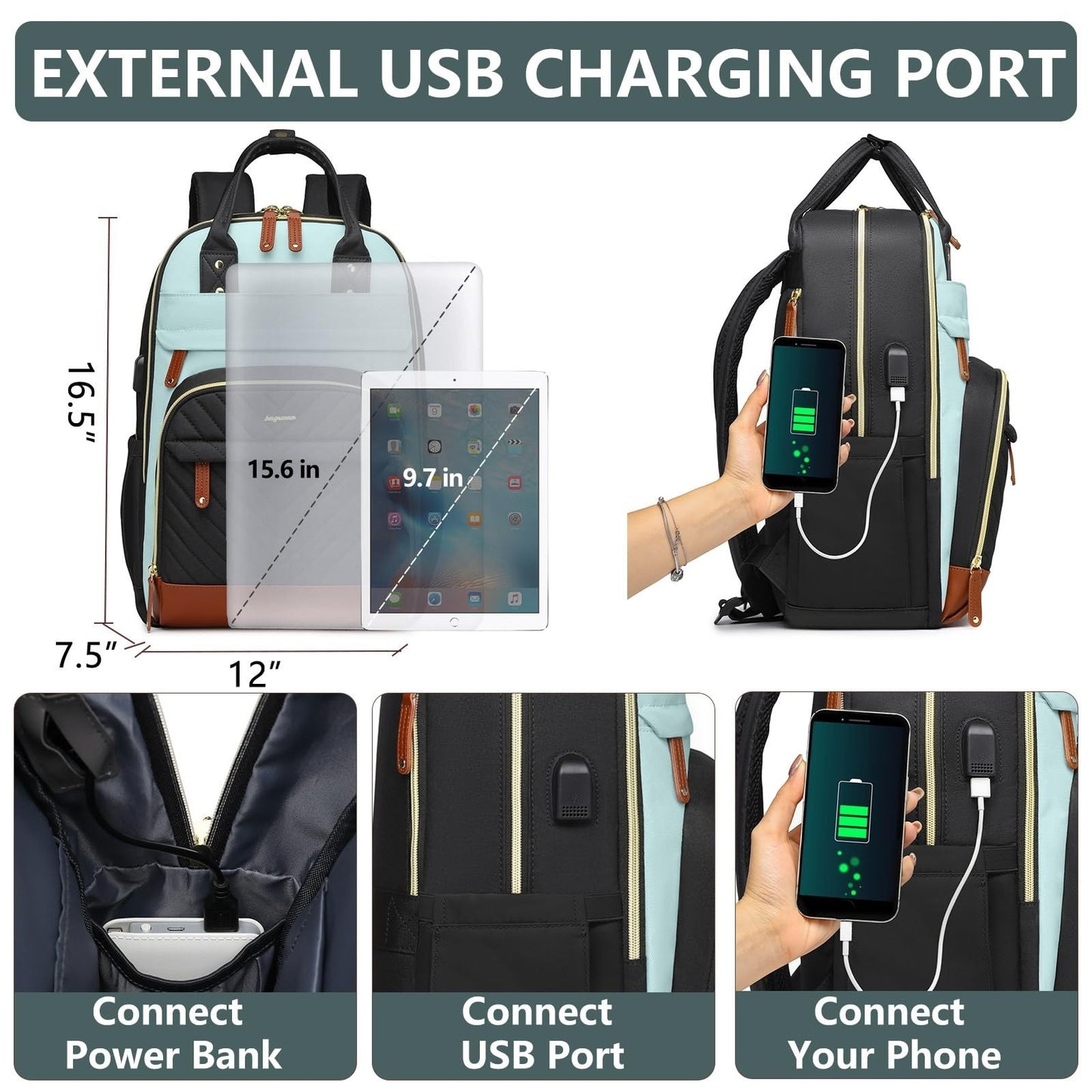 Stylish Waterproof Laptop Backpack for Women   15.6" USB Charging College Bag, A3