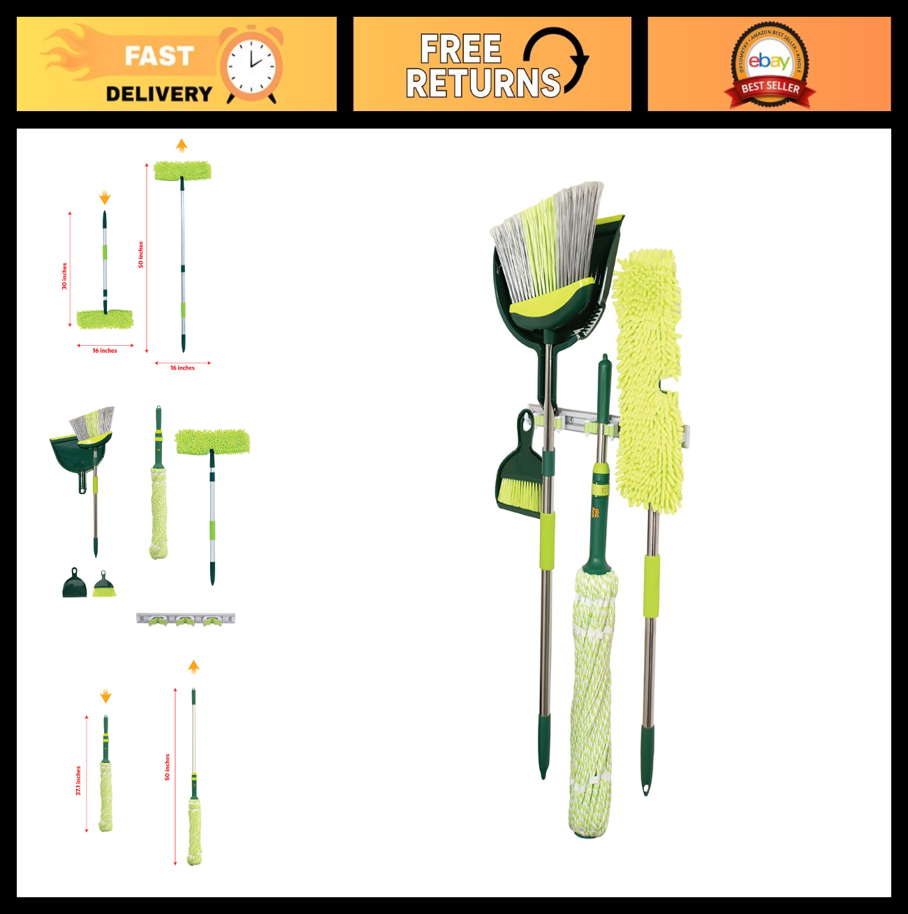 All-in-One Floor Cleaning Set - Angled Broom, Microfiber Mops, Dustpan & Rack -0