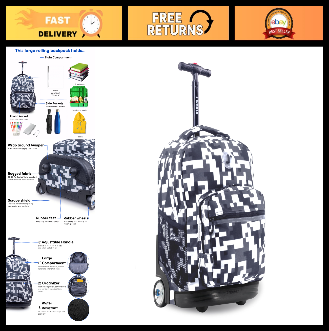 Kids Rolling Backpack with Wheels, Camo Roller Bookbag for School, 18"x13"x90