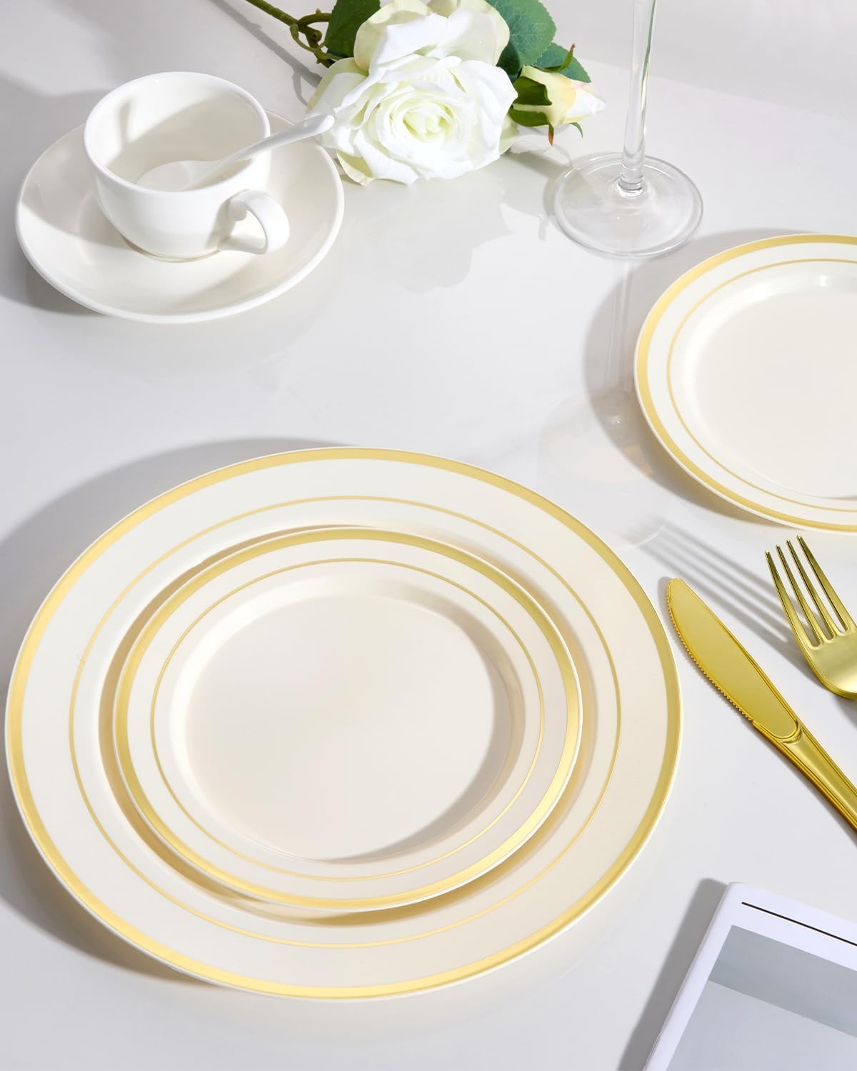 200 PCS Ivory Gold Heavy Duty Disposable Plates | 100 Dinner & 100 Dessert Plate2