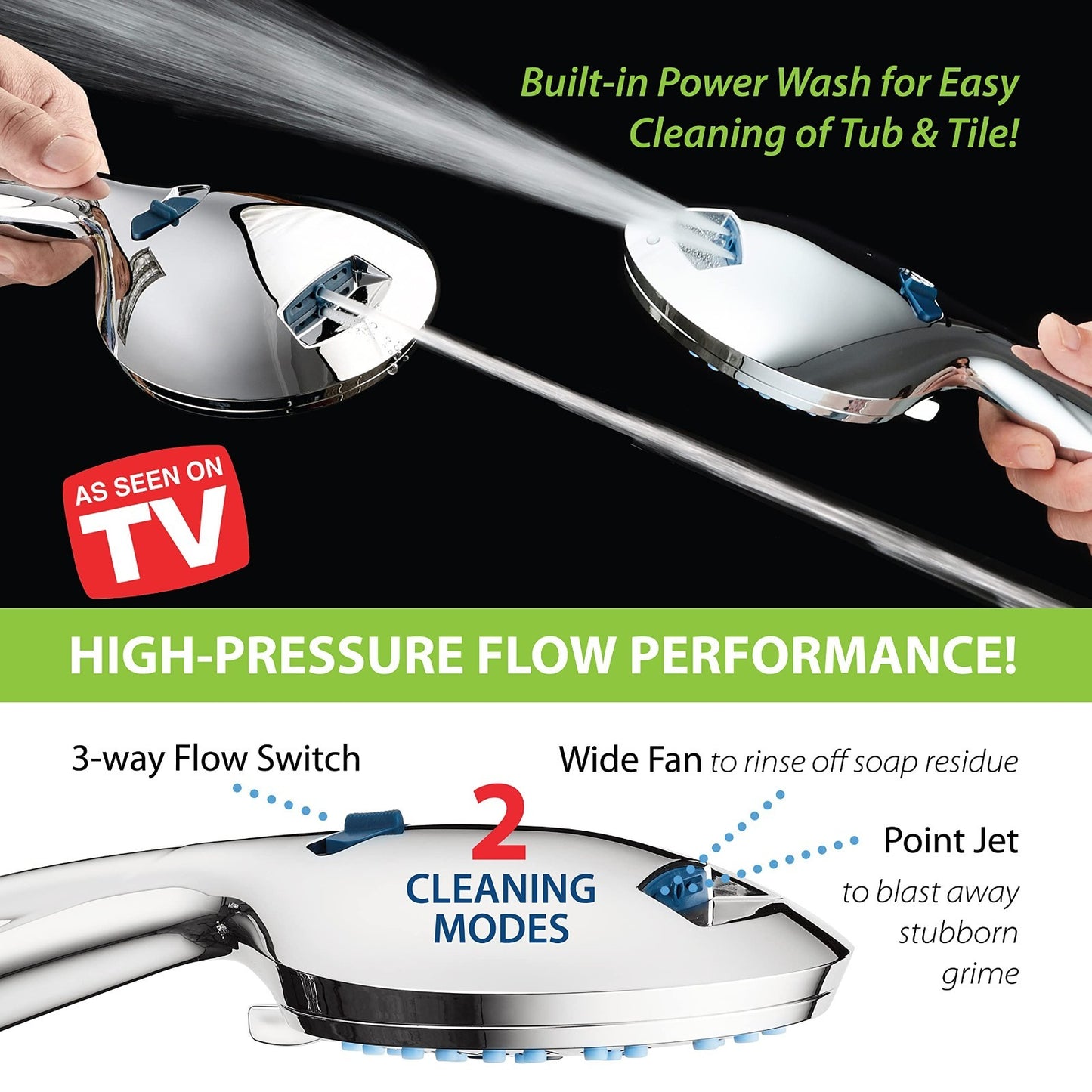 High Pressure 8 Mode Handheld Shower Head | Power Wash, Stay Clean Nozzles, 6ft4