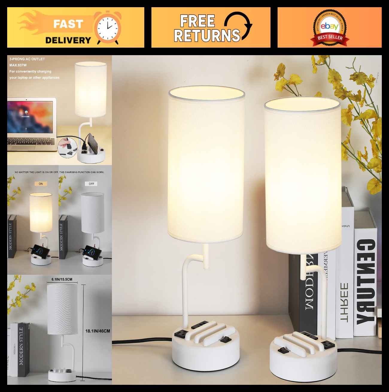 Modern Table Lamp with 3 USB Charging Ports & AC Outlet, Bedside Desk Light (2 P0