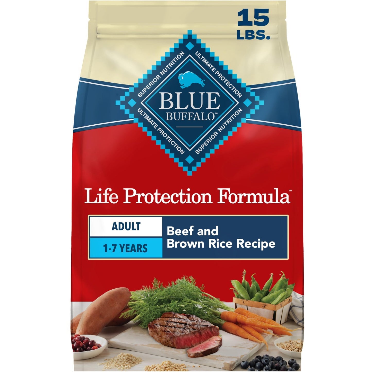 Premium Beef Dry Dog Food for Adult Dogs, 15 lb   Life Protection Formula, Nutri1