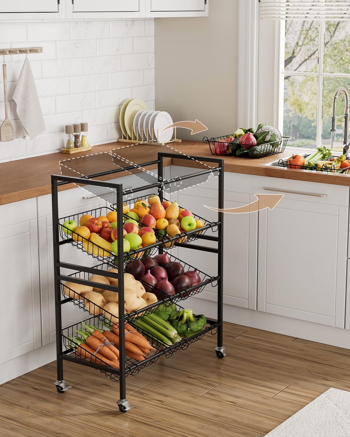 25.2" Kitchen Storage Cart   4 Tier Snack Cart with Wheels, Metal Fruit & Vegeta2