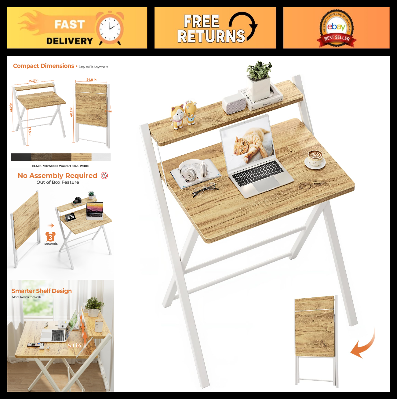 Compact Portable Computer Desk - 2-Tier Space-Saving Foldable Table for Home Off0