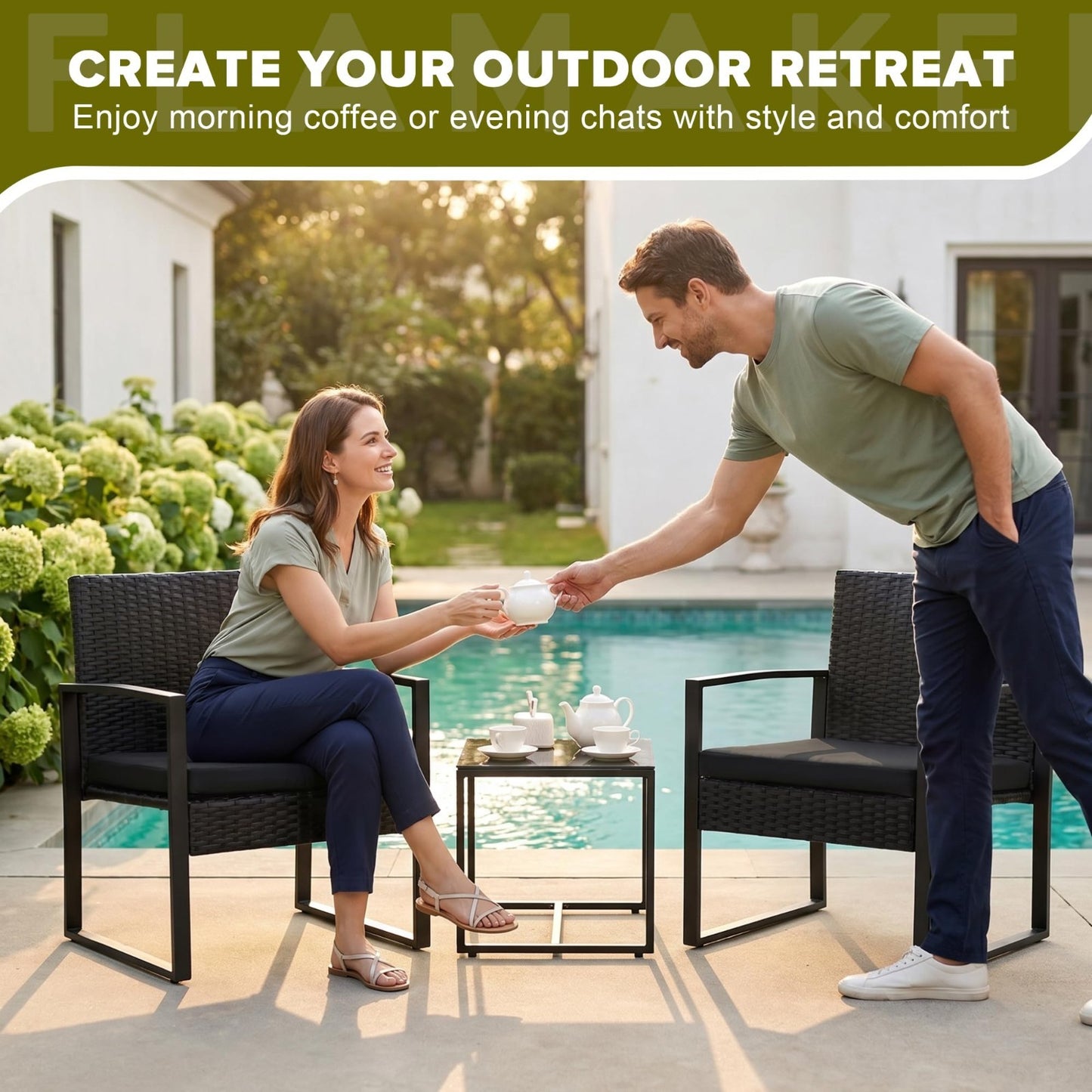 3 Piece Outdoor Wicker Patio Furniture Set | Modern Rattan Bistro Chairs & Table6