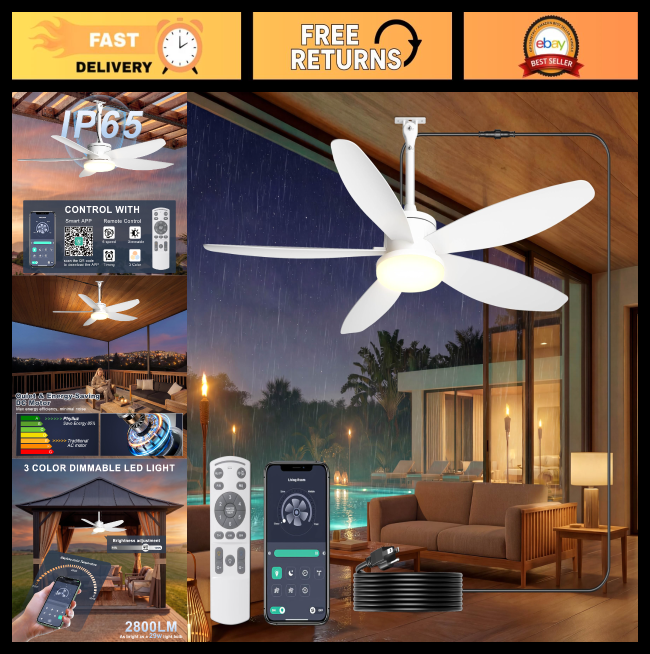 42" Waterproof Outdoor Ceiling Fan with Lights, Remote Control, Quiet DC Motor,0