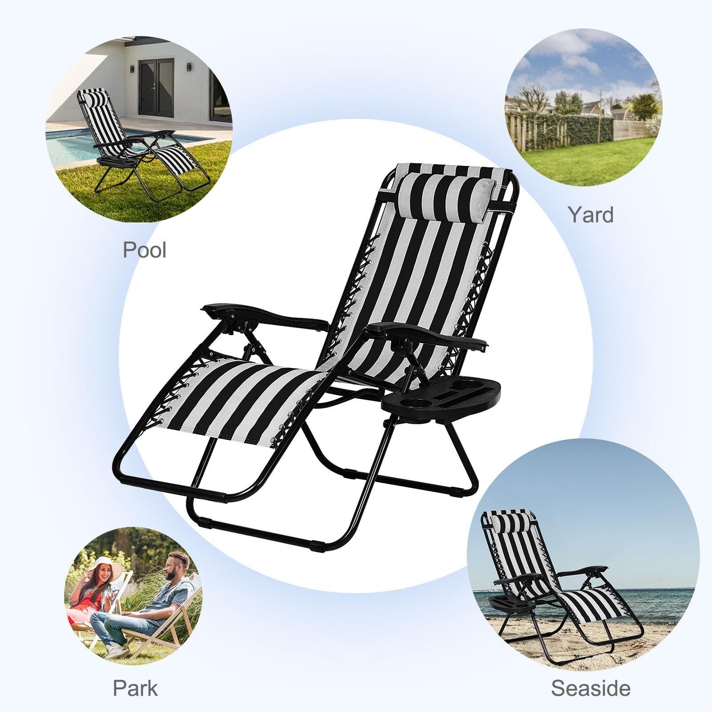 Set of 2 Adjustable Zero Gravity Lounge Chairs   Steel Mesh Patio Recliners with5