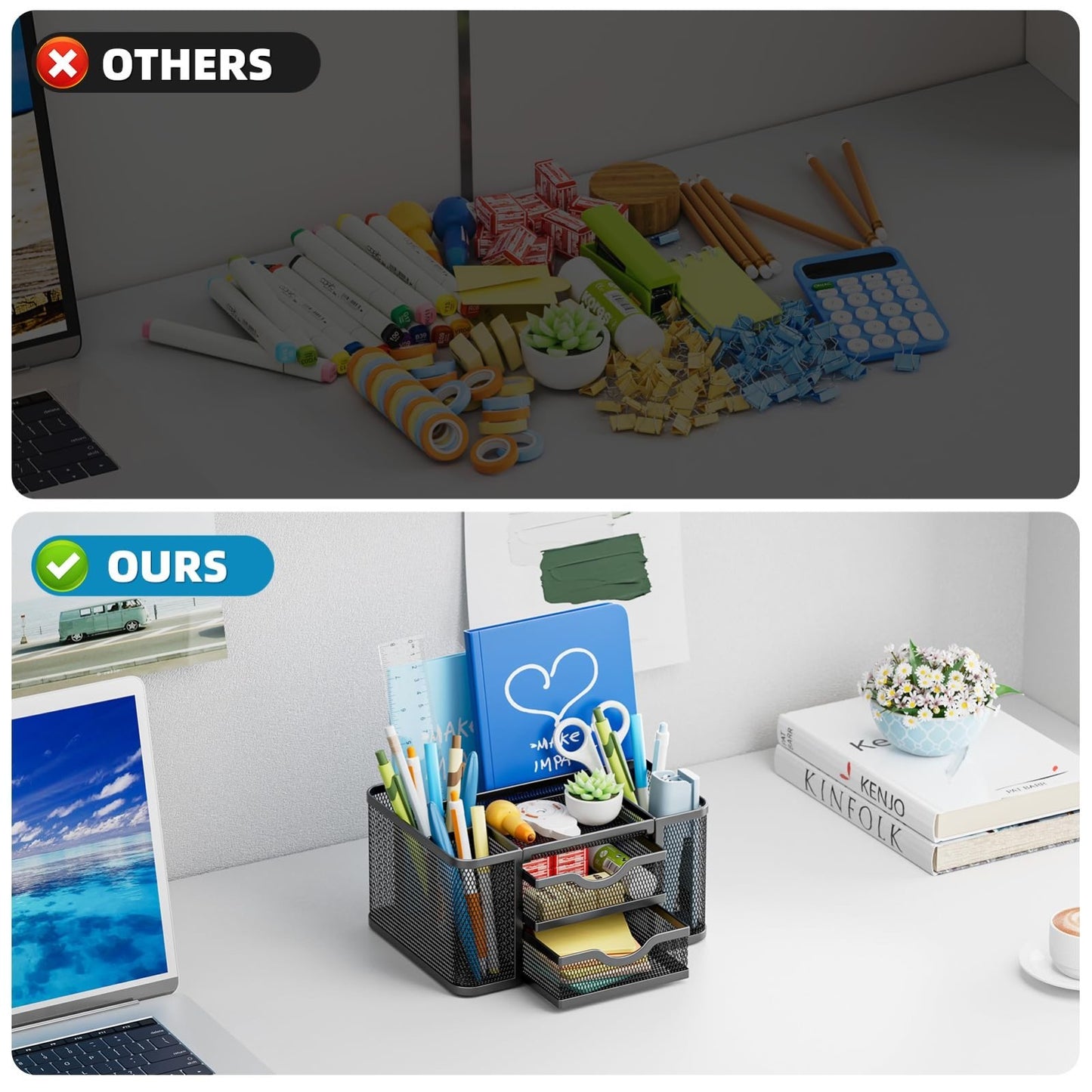 Multi Functional Mesh Desk Organizer with 2 Drawers, 5 Compartments, Black Penci6