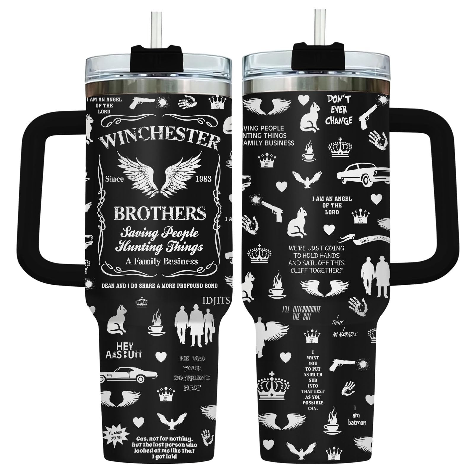40oz Insulated Tumbler with Handle & Straw   Vintage Car Wings Coffee Cup Gift1