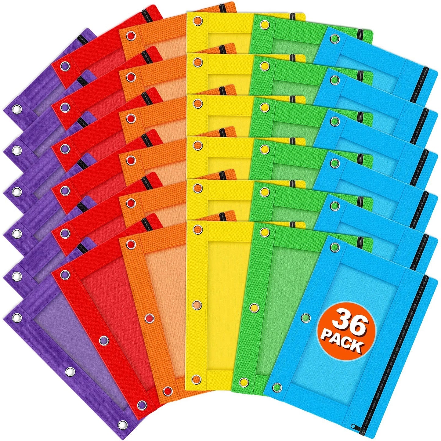 Bulk Zipper Pencil Pouches for 3 Ring Binder   36 Pack, 6 Colors, Clear Window,0