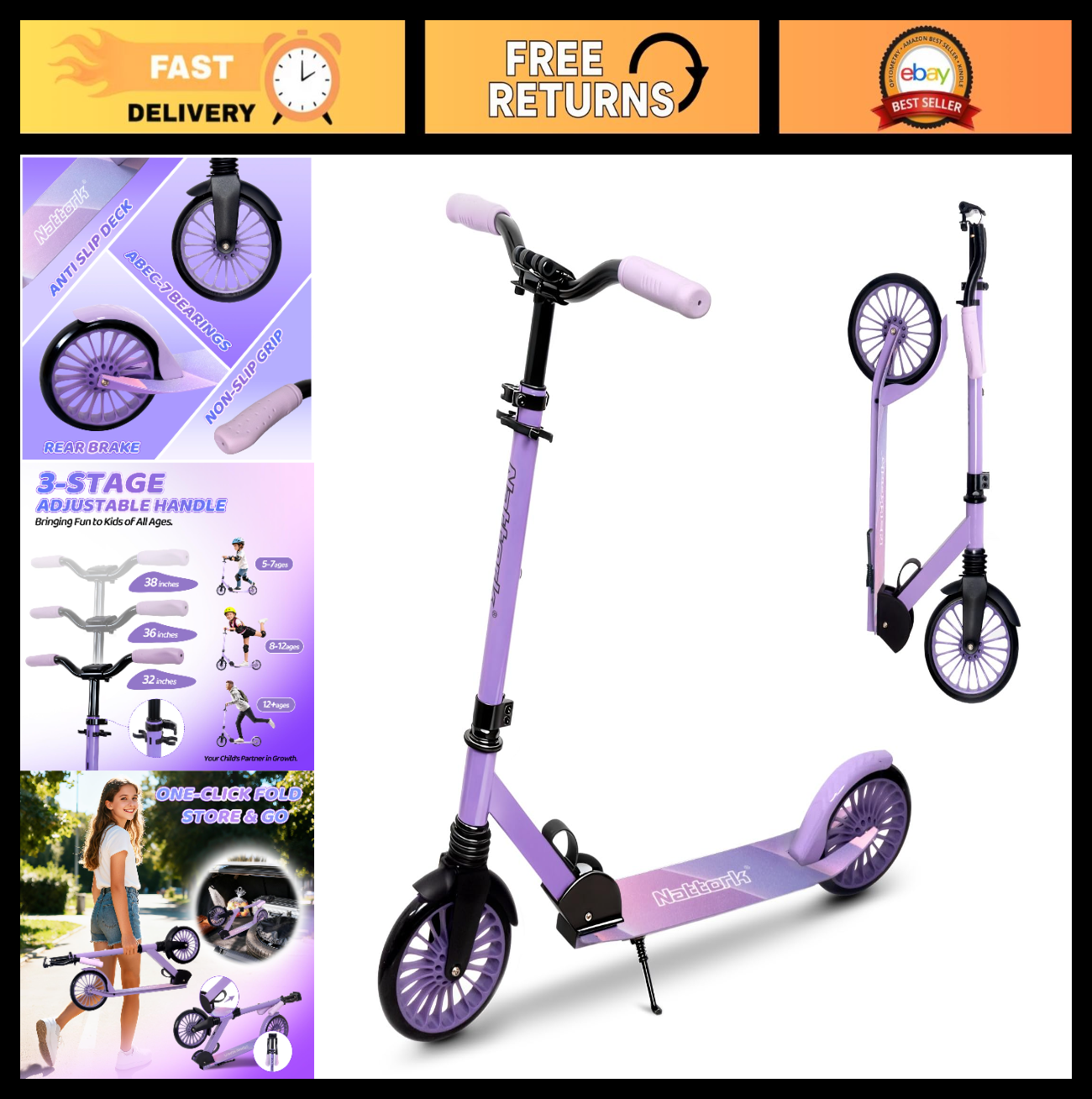 Adjustable Height Kick Scooter for Kids & Adults, 240 LBS Max Load, Foldable, 8"0