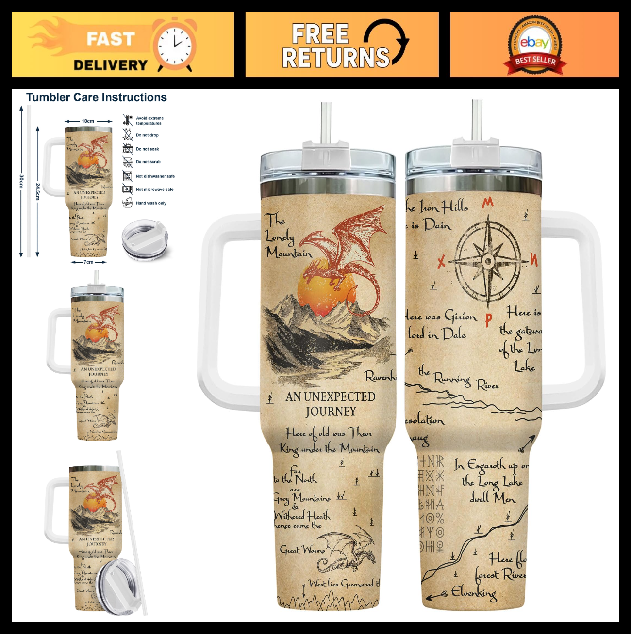 Fantasy Dragon Mountain Tumbler 40oz with Handle & Straw   Insulated Travel Mug0