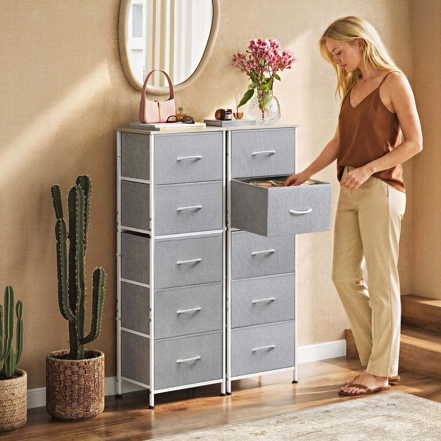 Tall Dresser for Bedroom - 5 Drawer Vertical Chest, Light Grey Fabric Storage, S2