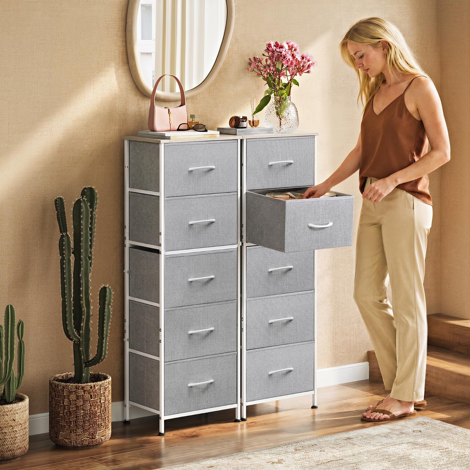 Tall Dresser for Bedroom - 5 Drawer Vertical Chest, Light Grey Fabric Storage, S2