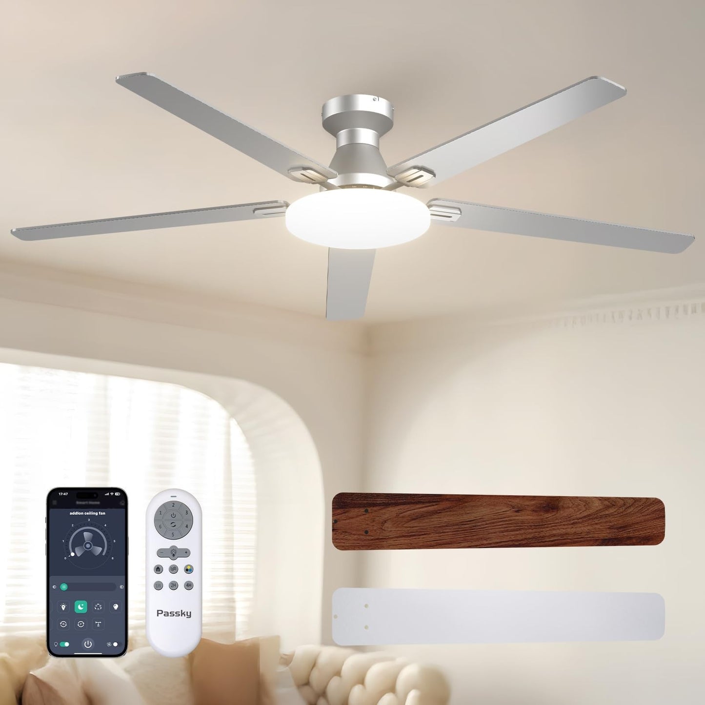 60" Silver Low Profile Ceiling Fan with Lights & Remote | Dimmable, Quiet DC Mot1