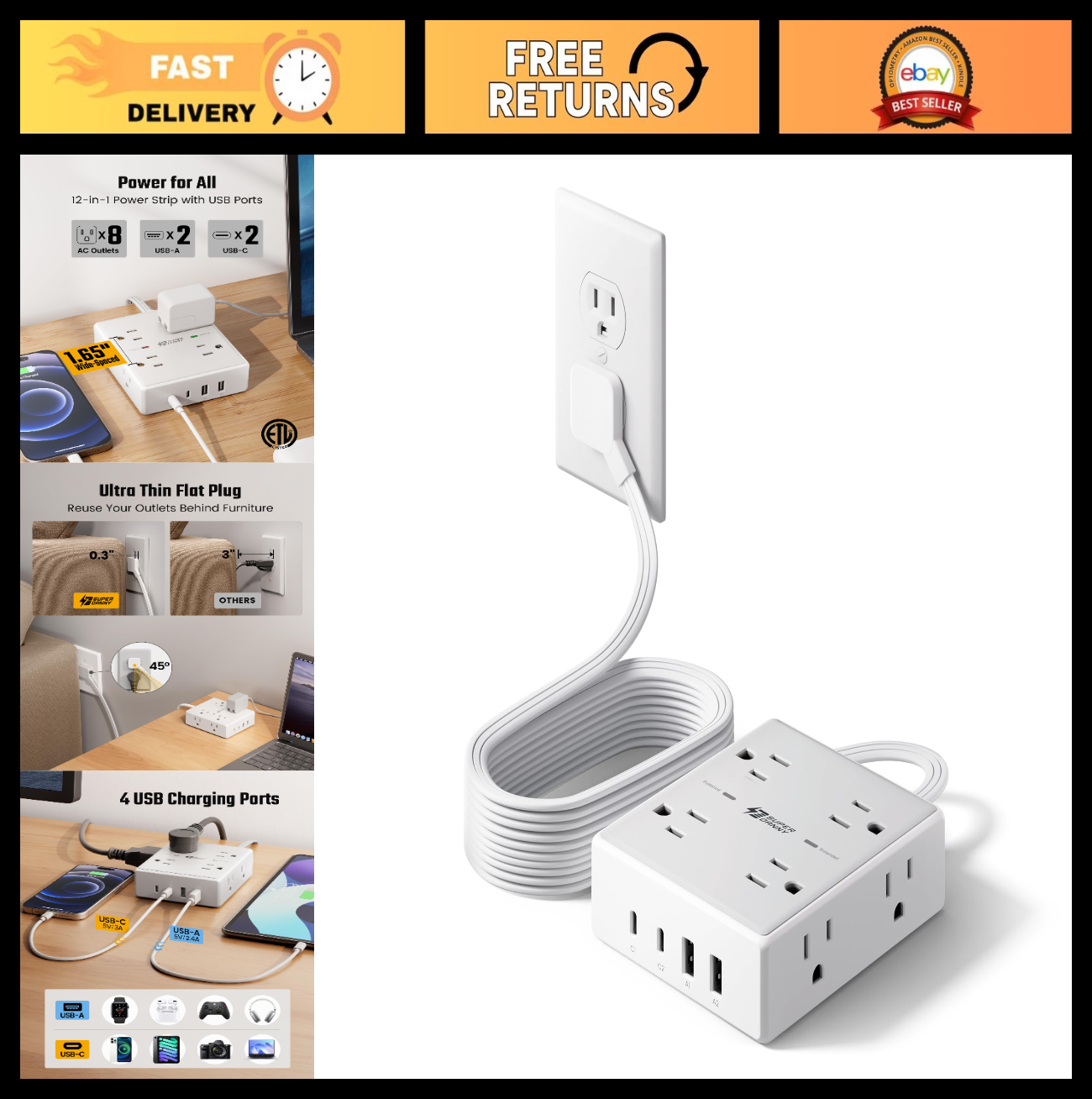 10Ft Flat Plug Extension Cord with Surge Protector Power Strip   6 Outlets, Heav0