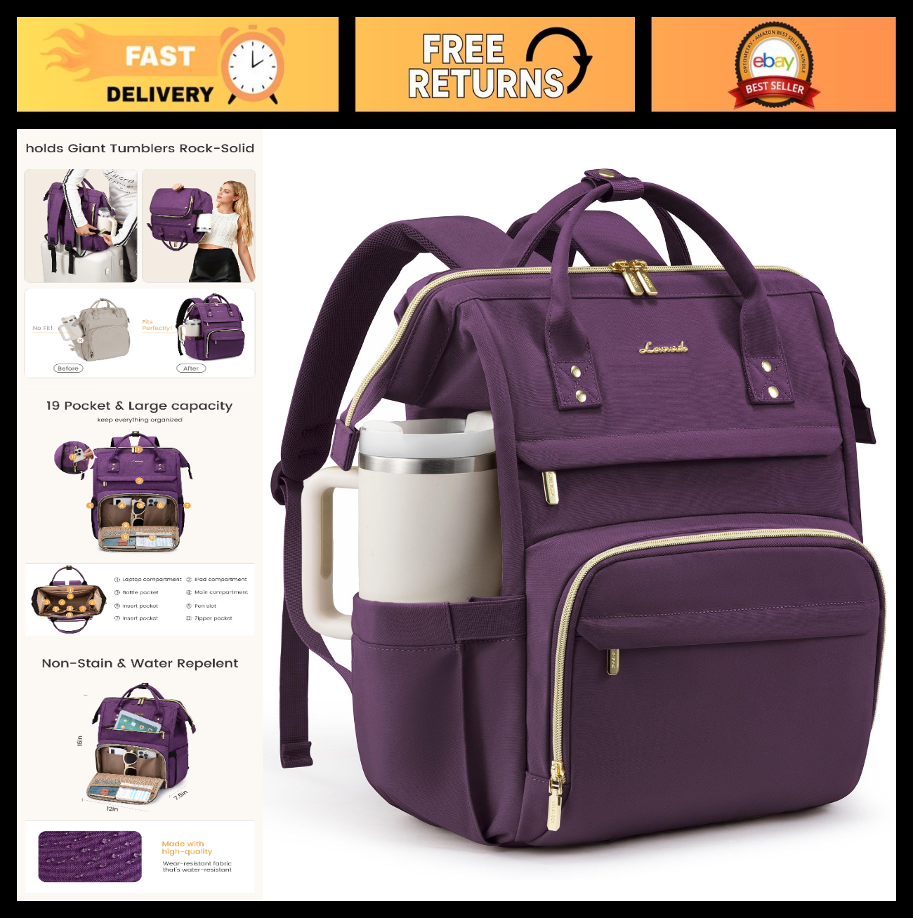 Stylish Waterproof Laptop Backpack for Women, 15.6" with Tumbler Holder, Travel0