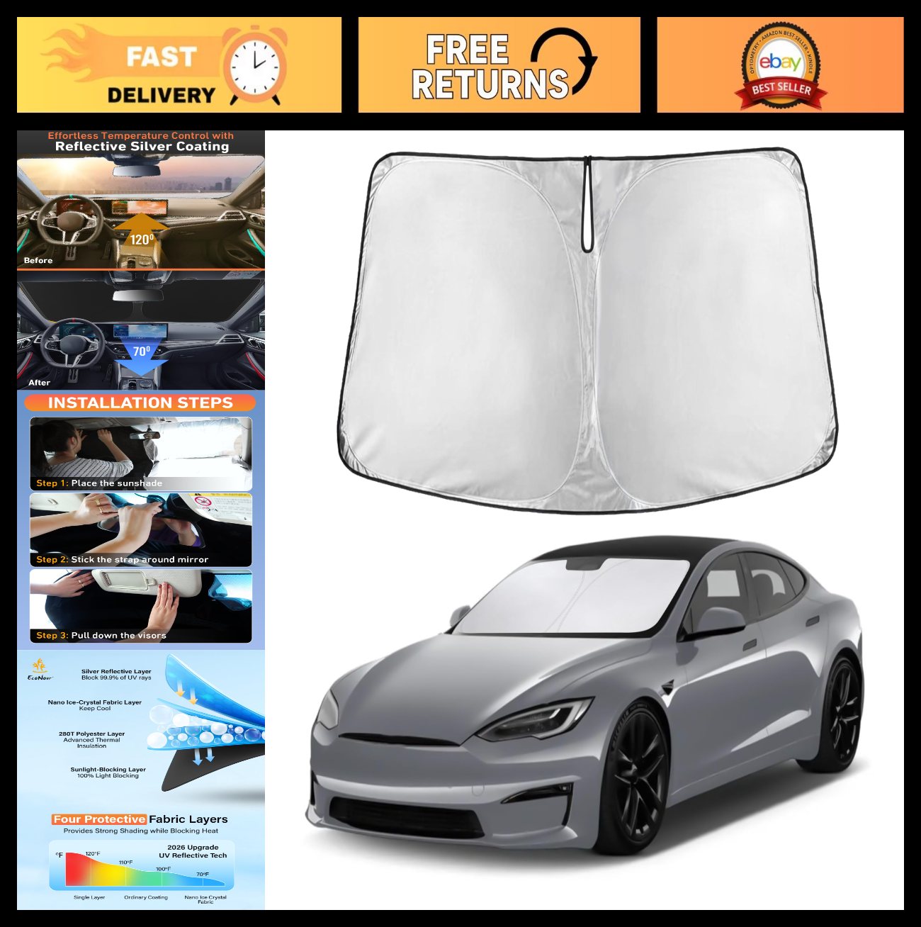 Windshield Sunshade for Tesla Model S Plaid 2021 2026, UV Heat Blocker & Sun Cov0