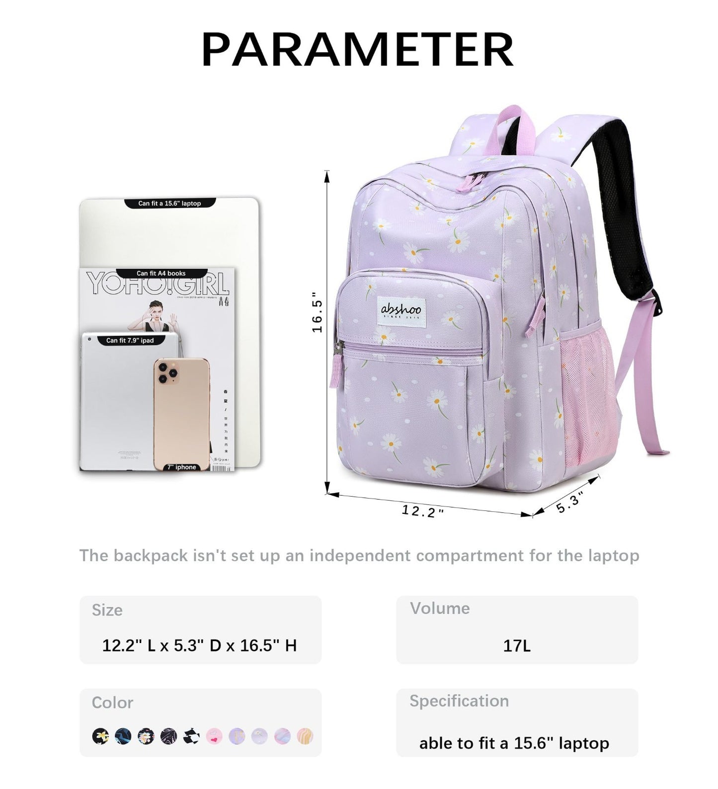 Water Resistant Daisy Print Women's School Backpack for College & Teens   Purple2