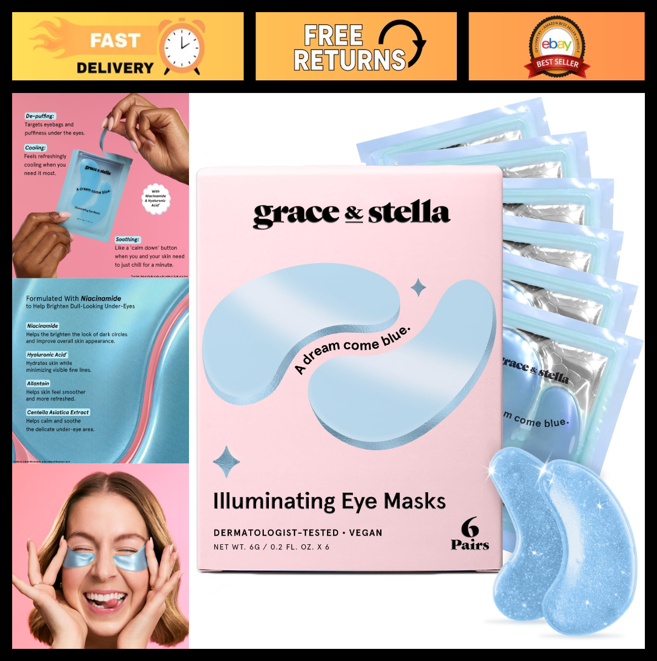 Under Eye Mask Gel Patches - Reduce Dark Circles, Puffiness & Wrinkles, 6 Pairs,0