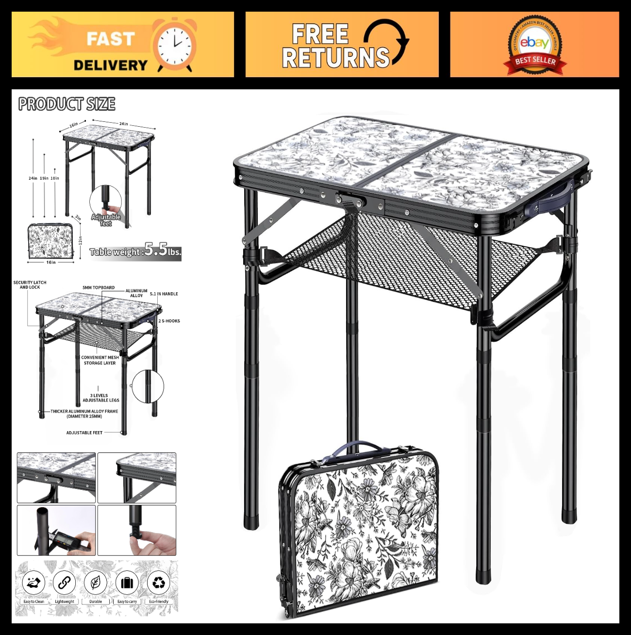 Portable Adjustable Height Outdoor Folding Side Table - Aluminum Patio End Table0