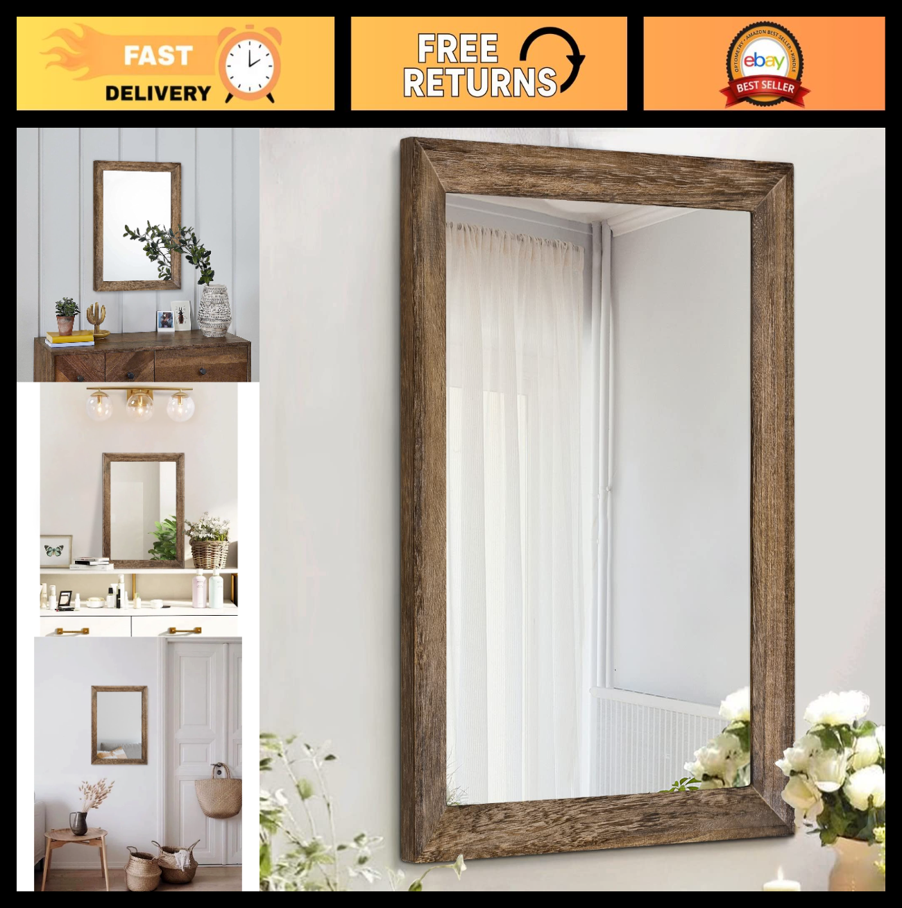 Rustic Rectangle Wood Wall Mirror - Decorative Frame for Bedroom, Living Room, B0