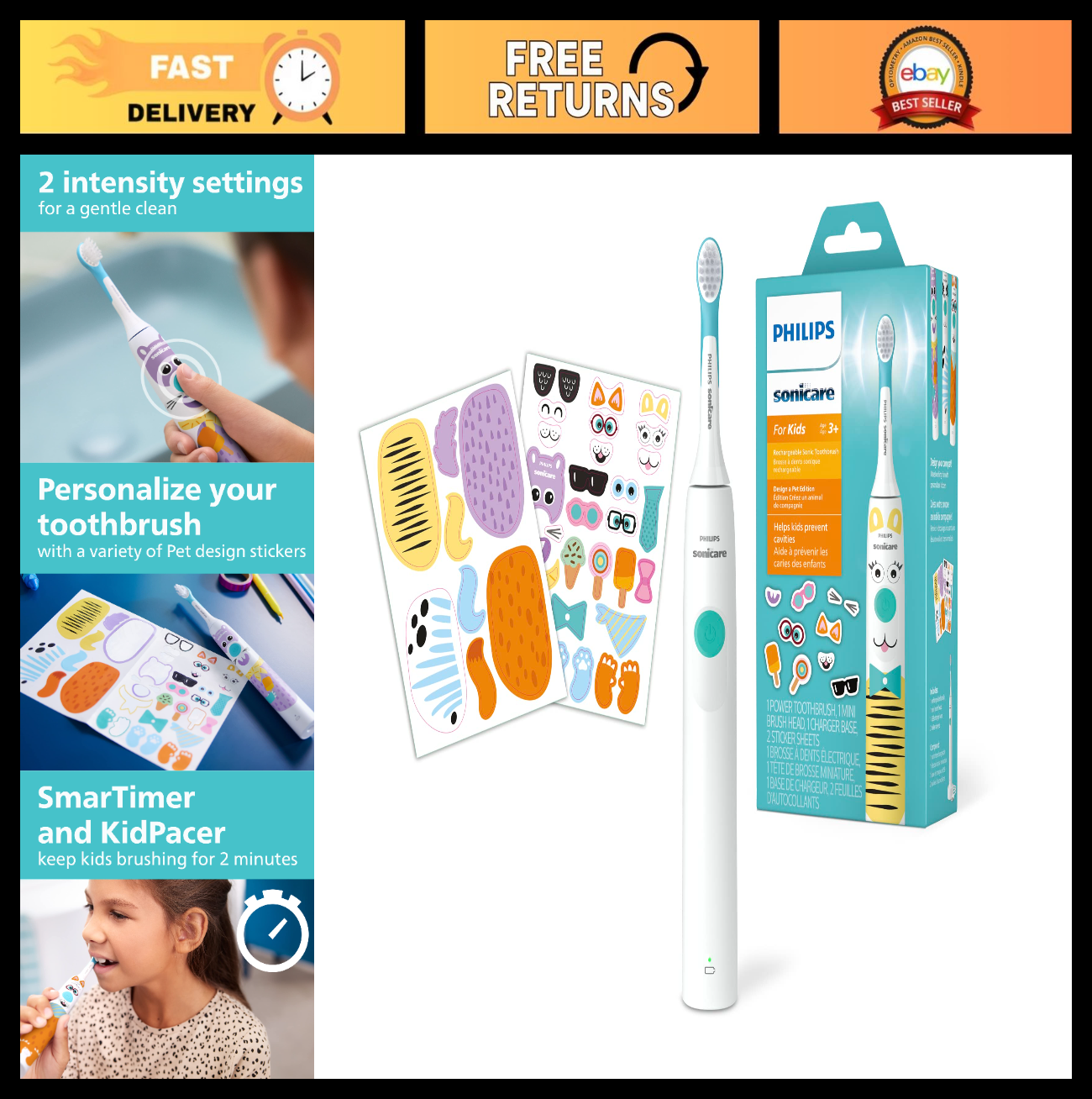 Kids Electric Toothbrush   Pet Design, Gentle Clean, 2 Intensity Settings, Timer0