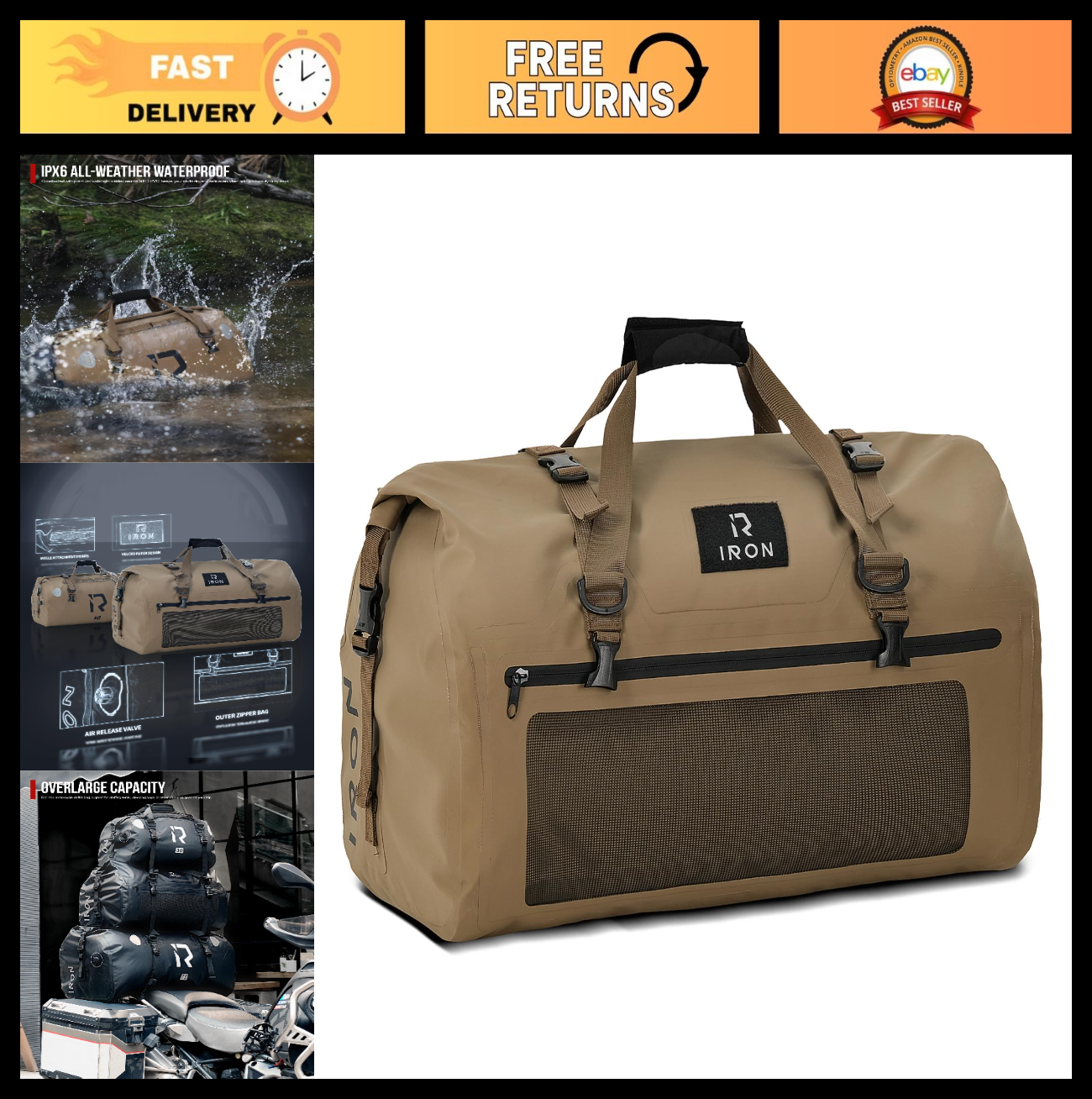 Waterproof Motorcycle Dry Bag - 30L Duffle Luggage with Roll Top & Straps0