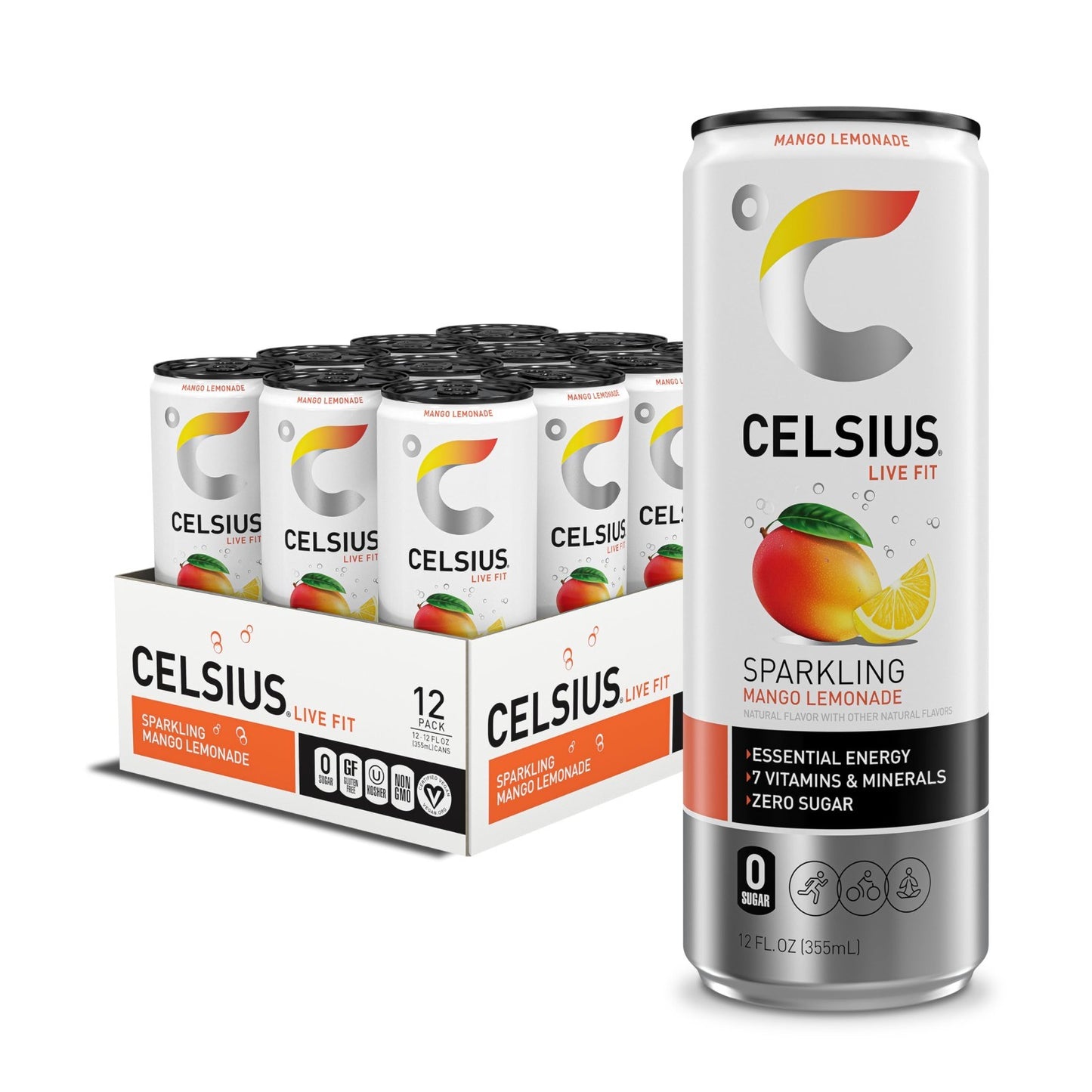 Sparkling Mango Lemonade Energy Drink, Sugar Free, 12 Fl Oz, Pack of 12 Cans1