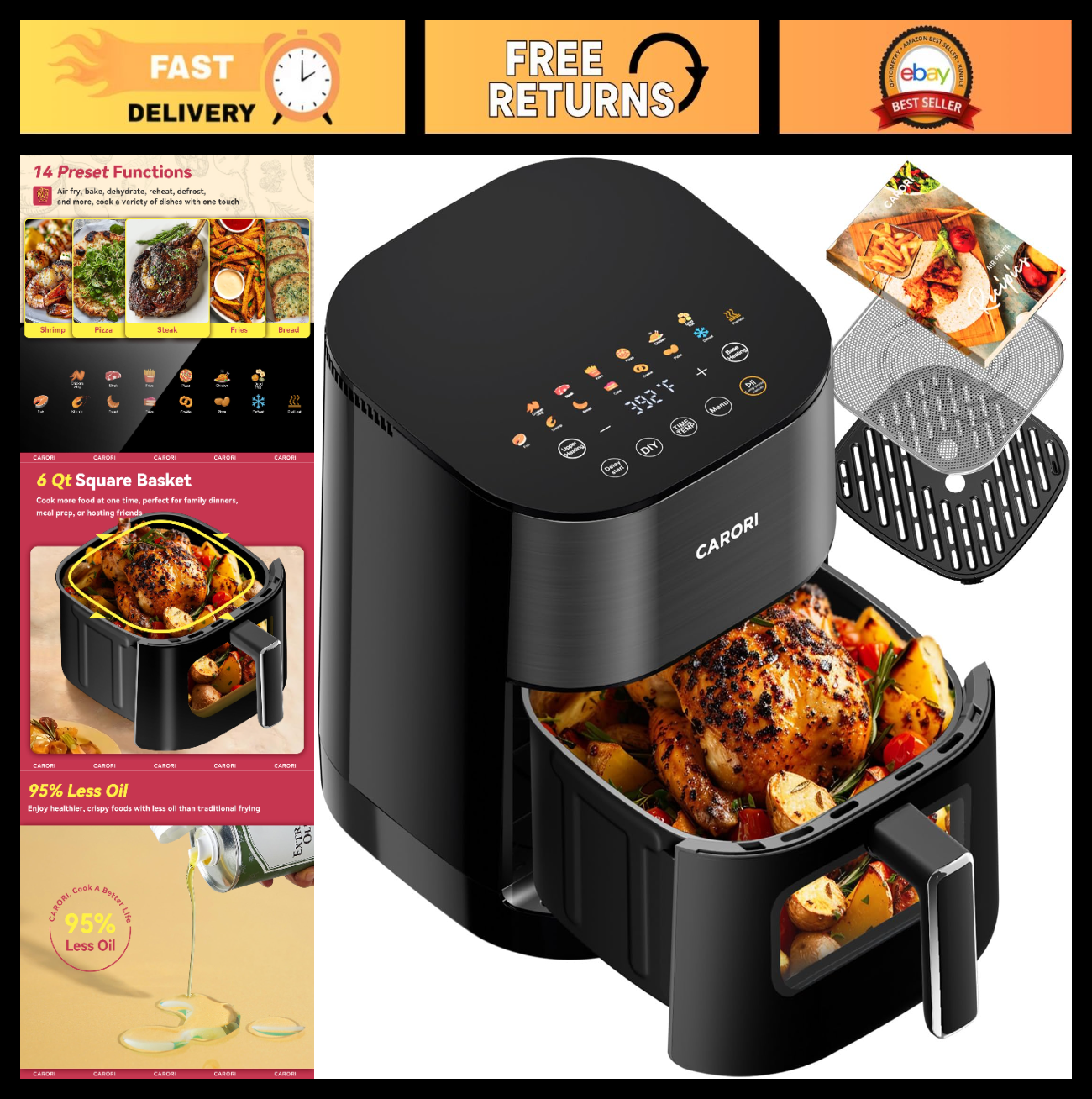 14-in-1 Air Fryer with 6Qt Capacity, Viewing Window, Dual Heating, Bake & Dehydr0