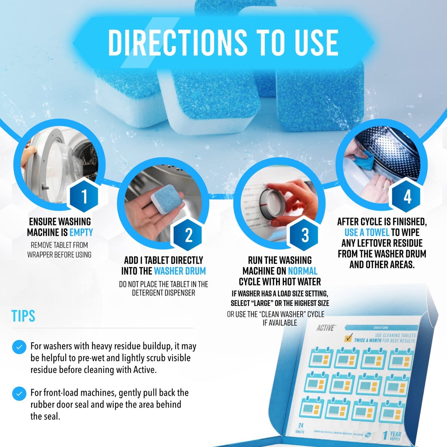 Washing Machine Cleaner Tablets 24 Pack   Deep Clean HE & Top Load Washers, Eco 3