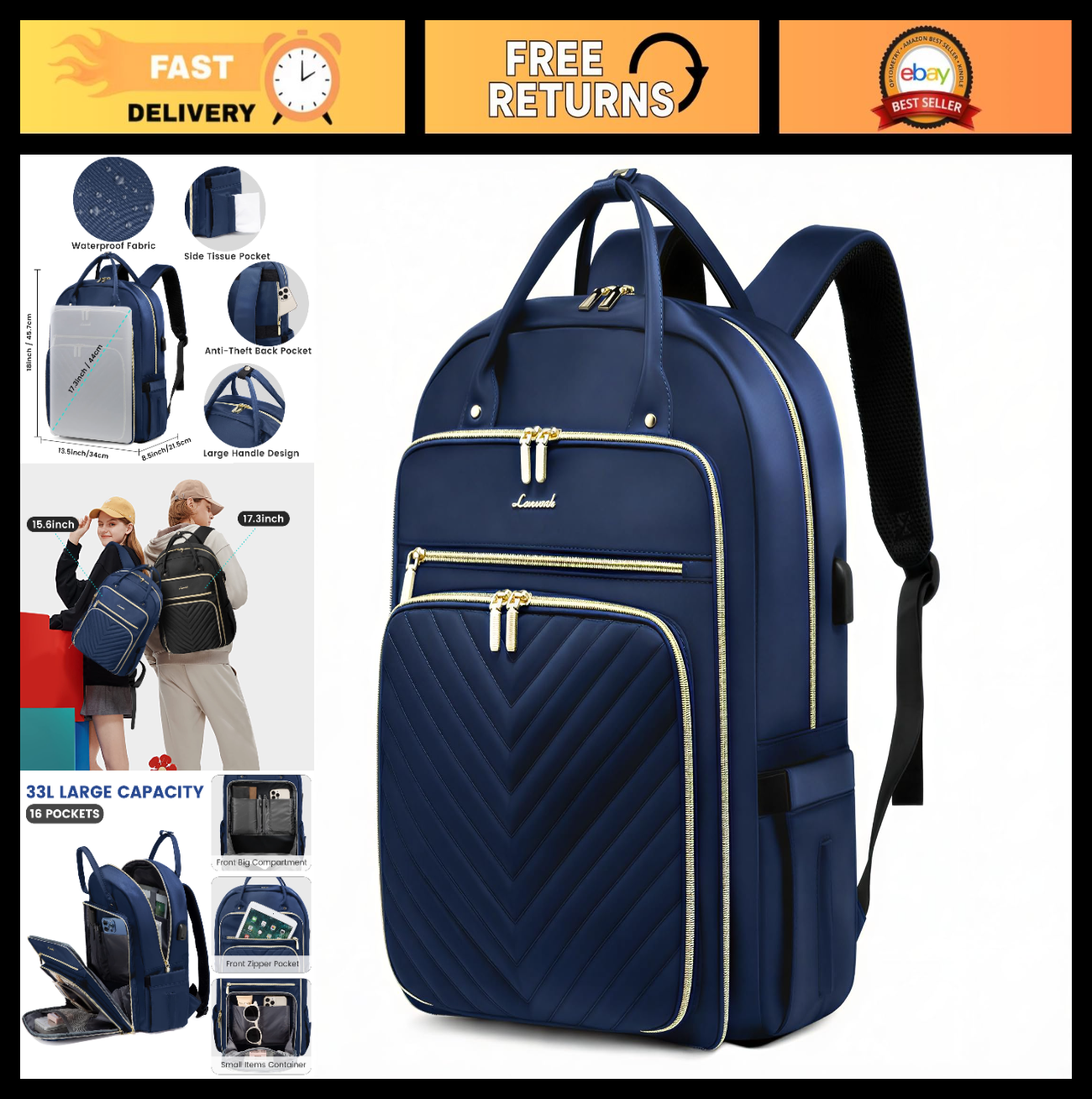 Stylish 17.3" Waterproof Laptop Backpack for Women & Men, Travel Work Purse, Nav0