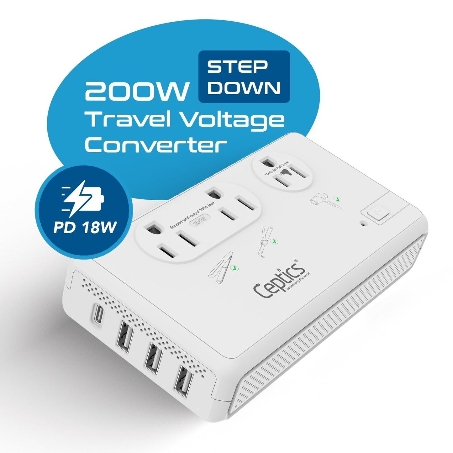 220V to 110V Voltage Converter, 2x 200W & 1x 2000W Outlets, USB-C PD 18W, Travel2