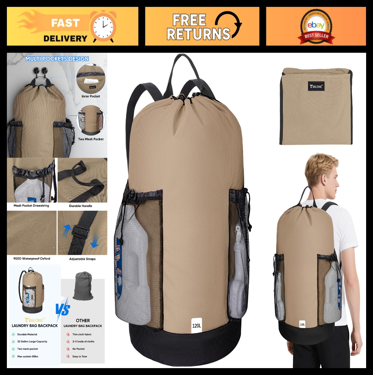 Large 120L Laundry Backpack Bag, Durable 900D Oxford, Mesh Pockets, College Use0