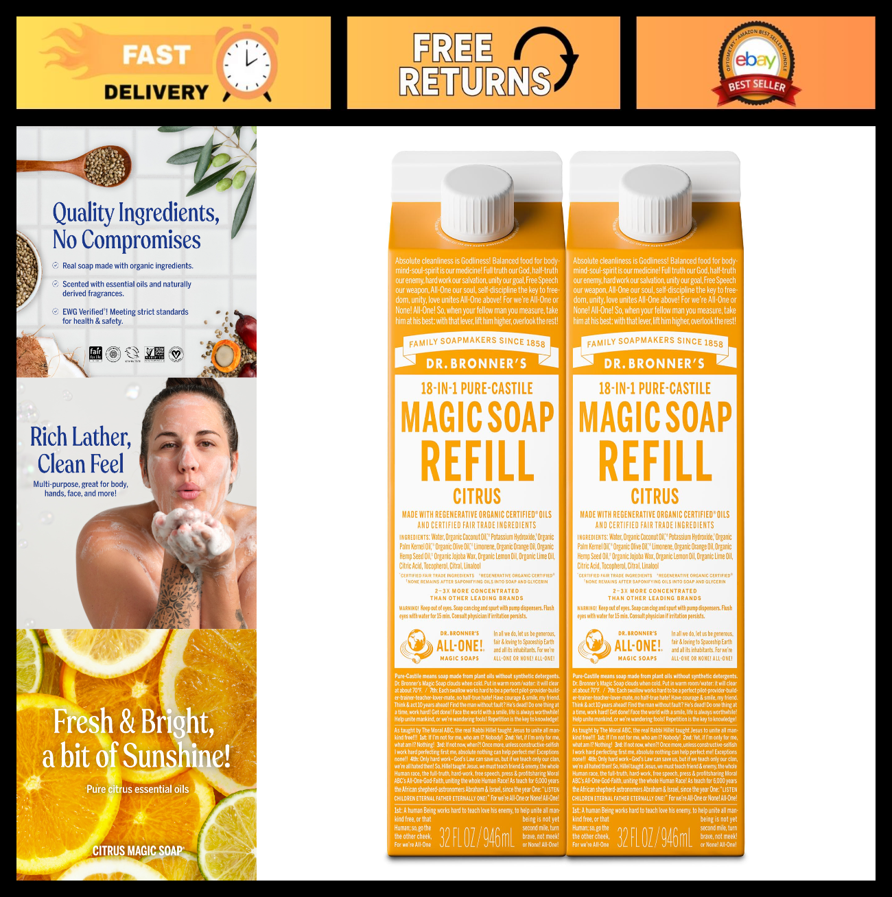 Pure Castile Liquid Soap Refill 32oz 2-Pack - Citrus Scent, Vegan, Organic, Mult0