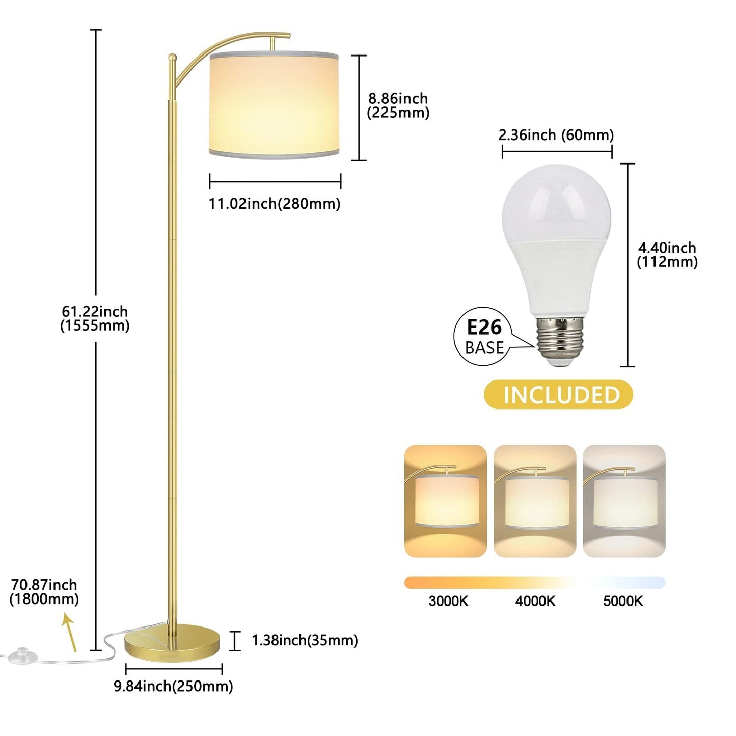 Tall Industrial Floor Lamp with 3 Color Temperatures, LED Bulb & White Shade2