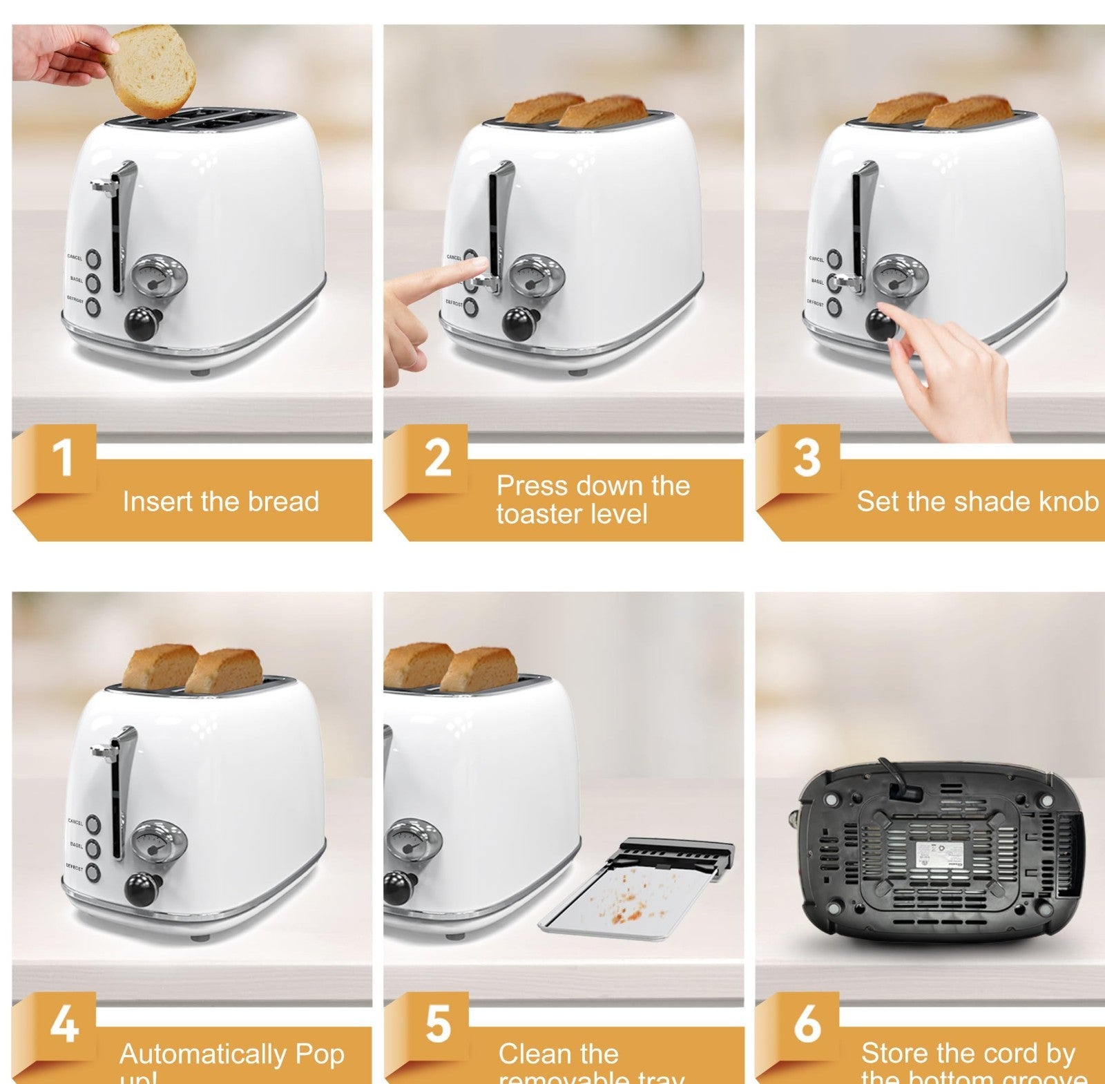 Retro Stainless Steel 2 Slice Toaster, 6 Settings, Extra Wide Slots, Bagel/Defro5