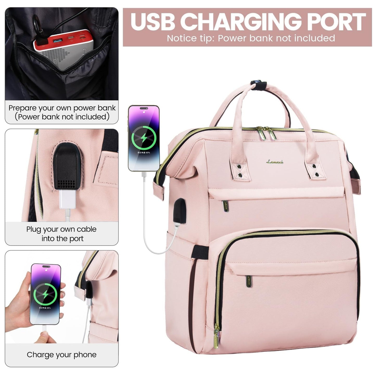 Stylish 18" Laptop Backpack for Women   Waterproof Travel Bag with USB Port, Pin3