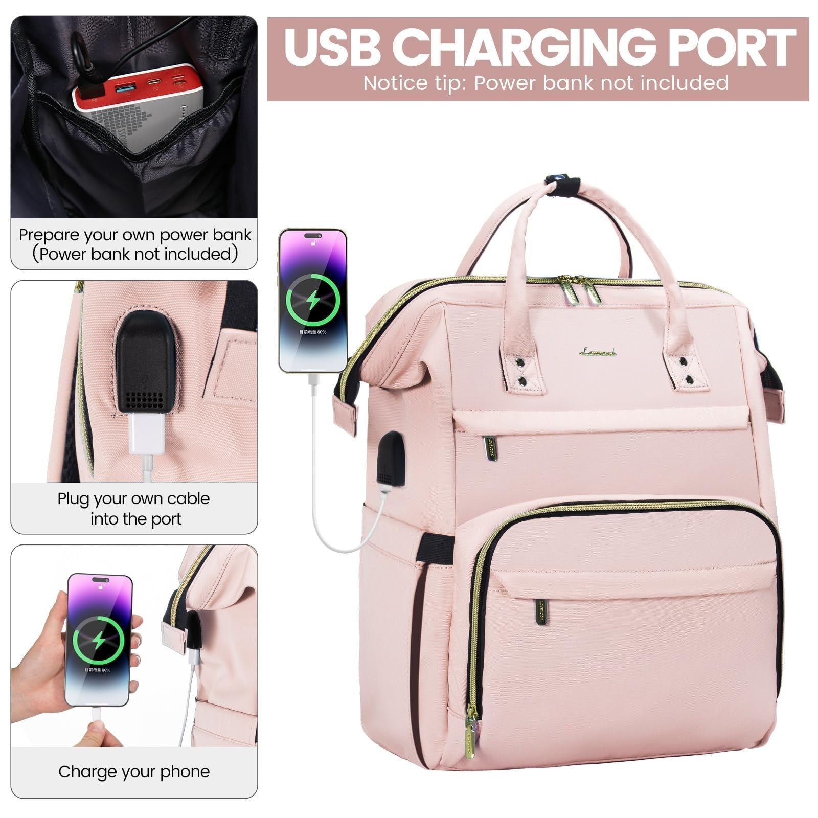 Stylish 18" Laptop Backpack for Women   Waterproof Travel Bag with USB Port, Pin3