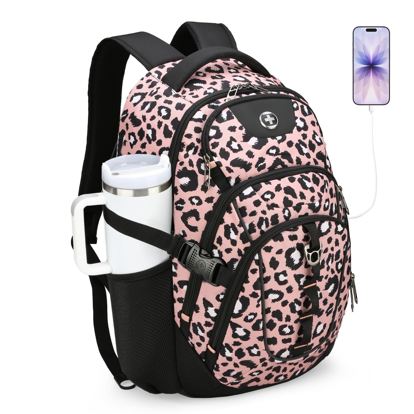 Stylish Pink Leopard Laptop Backpack with USB Charging Port, Fits 15.6" Laptops,0