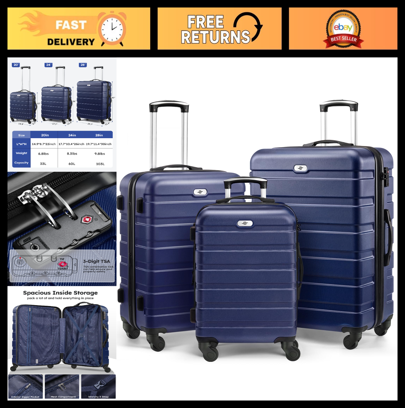 3 Piece Hard Shell Luggage Set with Spinner Wheels & TSA Lock - 20/24/28" Travel0