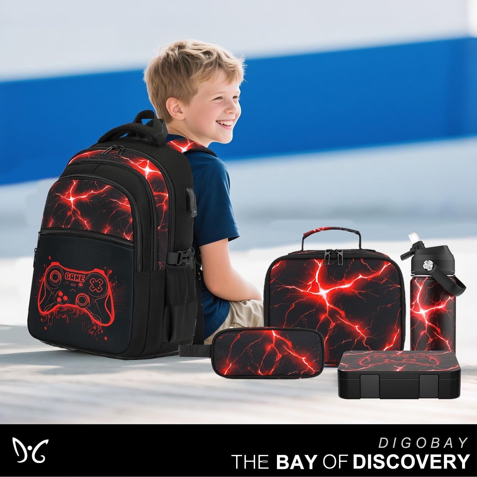 Cool Luminous Gamer Backpack for Boys, Insulated Lunch Box, Water Bottle & Penci8