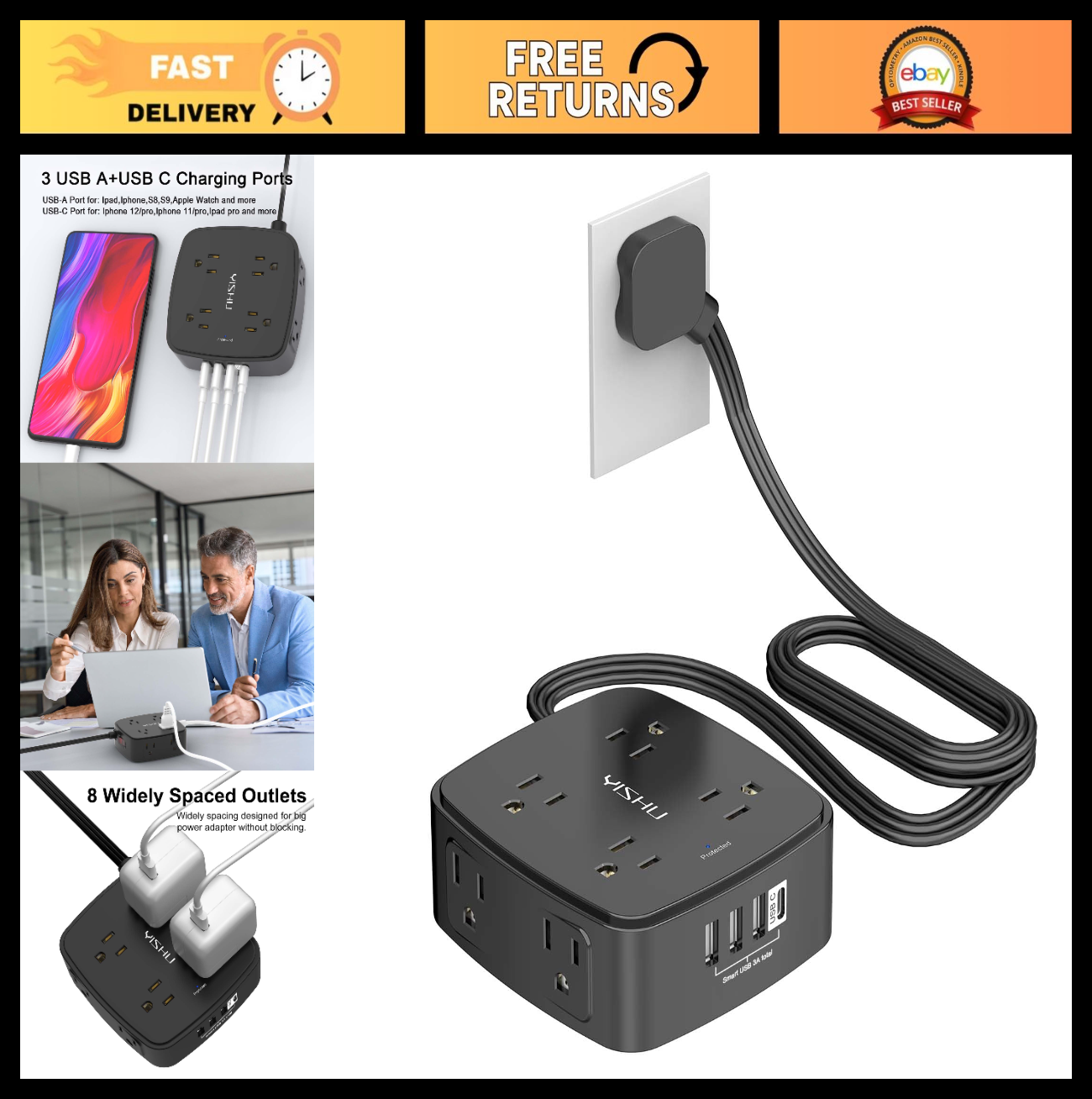 6ft Surge Protector Power Strip, 8 Outlets & 4 USB Ports, Flat Extension Cord, W0