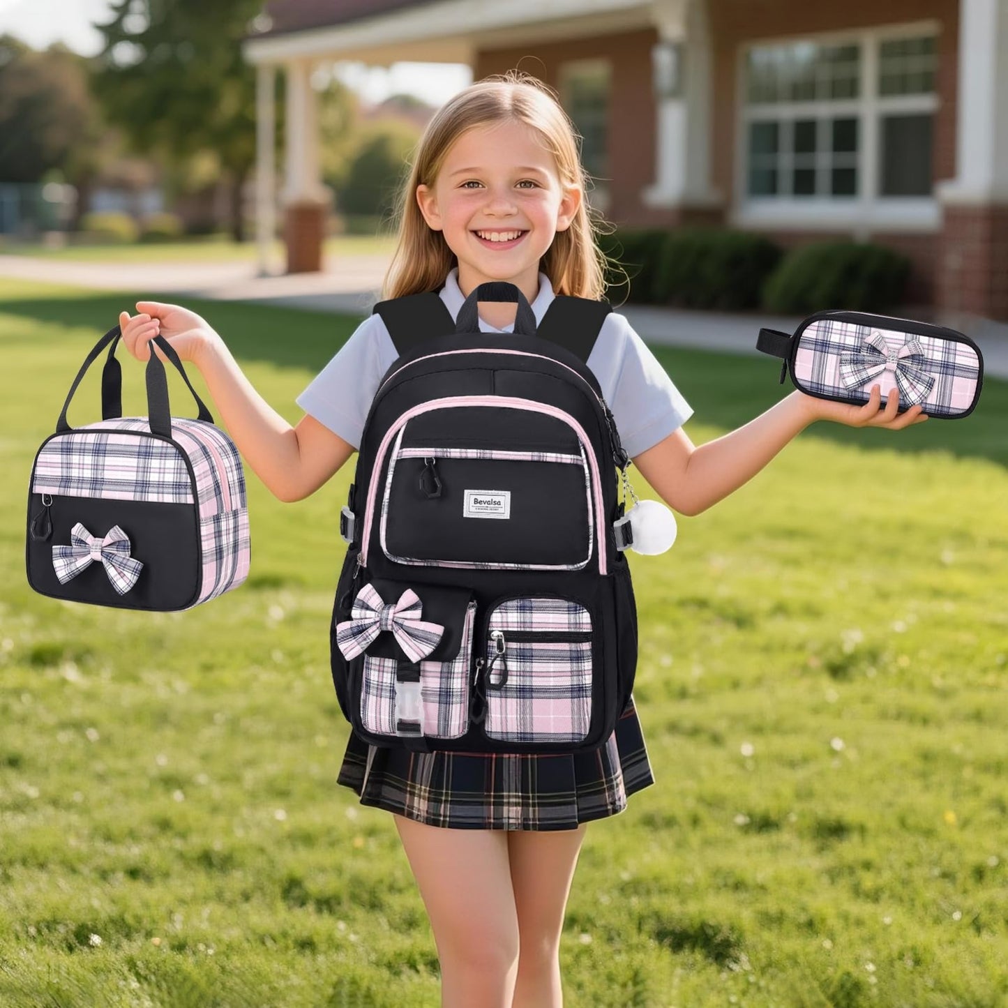 Cute Bow Backpack for Girls   School Bag with Lunch Bag & Pen Case, Stylish & Fu7